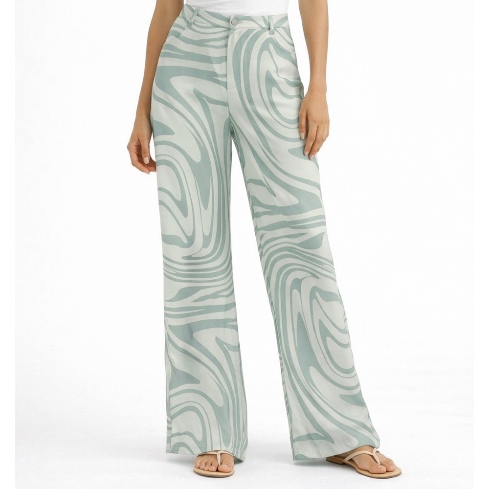 Women's Slack Pants Sz S 4 Green Spring Boho Bell bottom‎ Y2K Trouser Zebra Rare